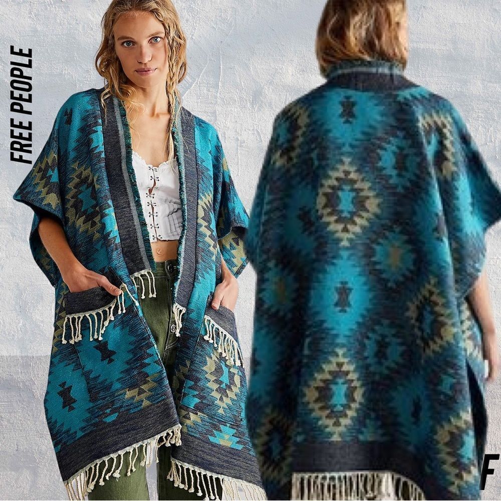 FREE PEOPLE MYSTIC GEOMETRIC PONCHO BLANKET NWT OS SUPER COMFY